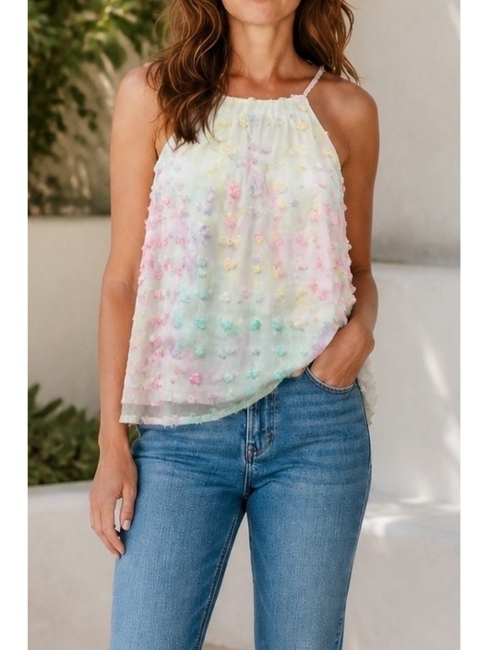 Pastel Multi-Color Textured Floral Sleeveless Top